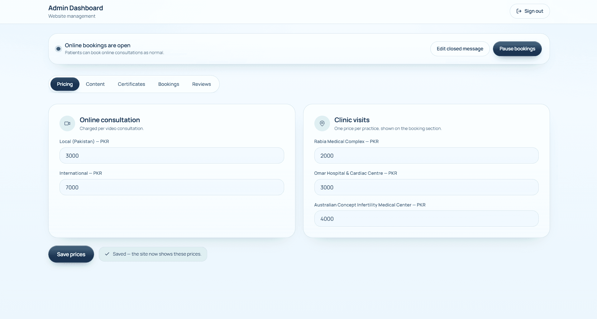Dr. Rabia Ishaq website administration dashboard, showing consultation pricing controls and tabs for content, certificates, bookings and reviews