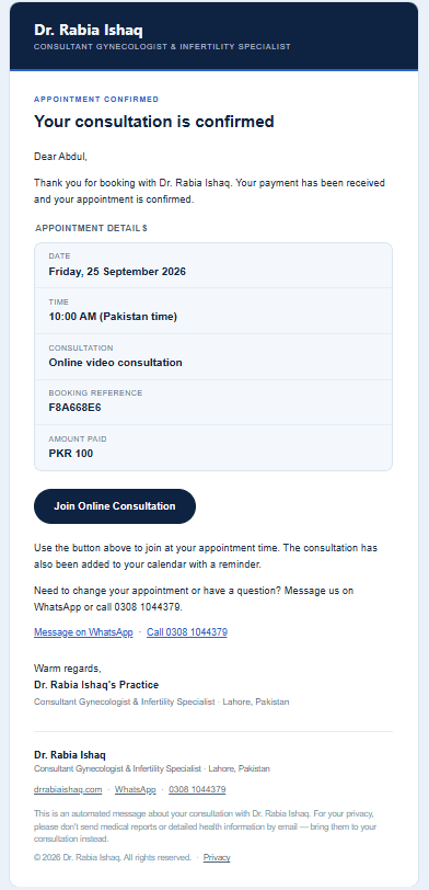 Automated consultation confirmation email showing the appointment date, time, consultation type and booking reference