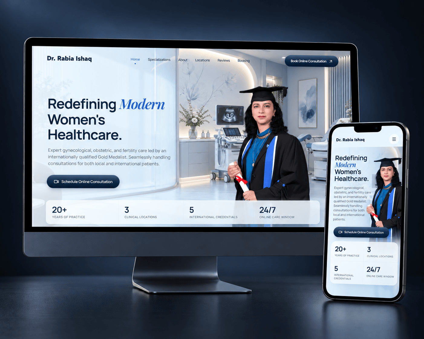 Dr. Rabia Ishaq healthcare website shown on desktop and mobile