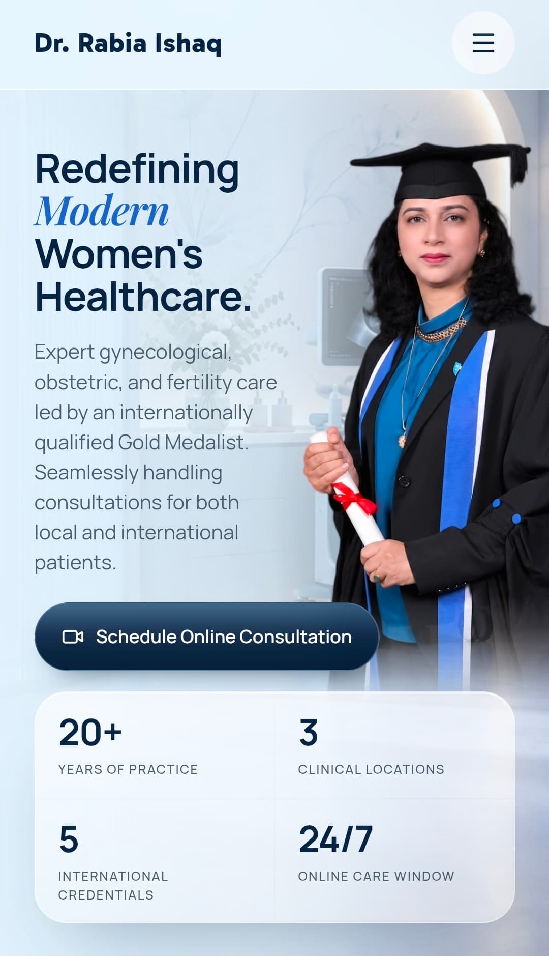 Dr. Rabia Ishaq website home screen on a mobile phone