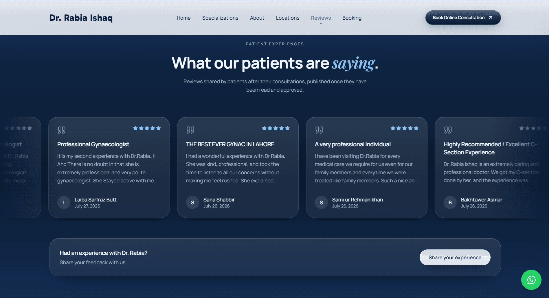 Patient reviews section of the Dr. Rabia Ishaq website, with reviews published after approval