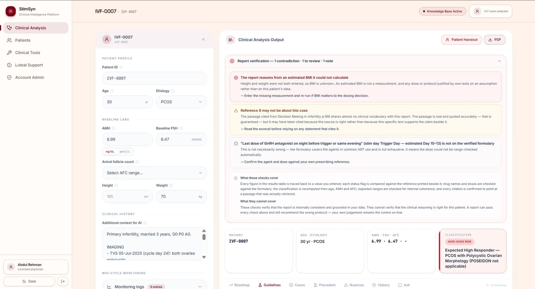 The StimSyn clinical analysis workspace: patient profile and baseline labs on the left, and on the right a report verification panel listing a contradiction, a citation to review and a note, above the patient's classification