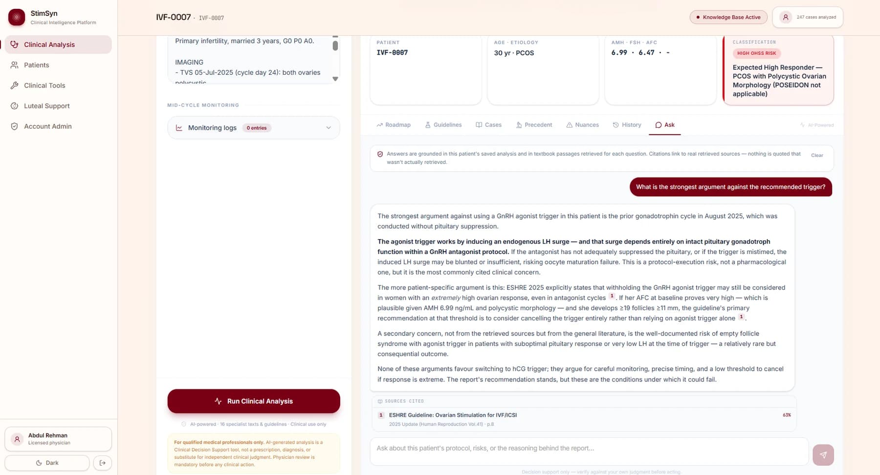 The Ask panel answering a follow-up question about a specific patient, with a note that answers are grounded in the saved analysis and retrieved passages, and a cited source listed underneath