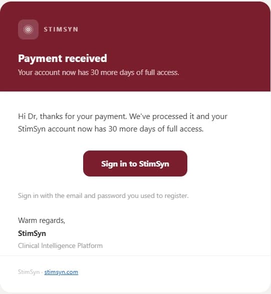 A branded StimSyn payment confirmation email reading 'Payment received — your account now has 30 more days of full access', with a sign-in button