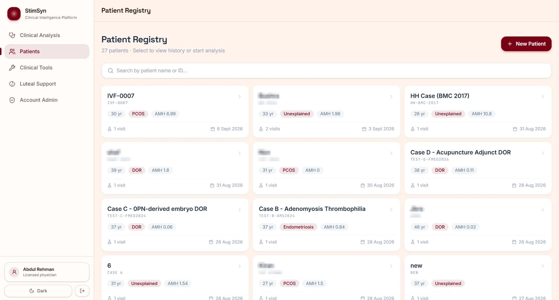 The patient registry listing saved patients as cards with age, etiology, AMH value, visit count and last visit date. Patient names are blurred for privacy