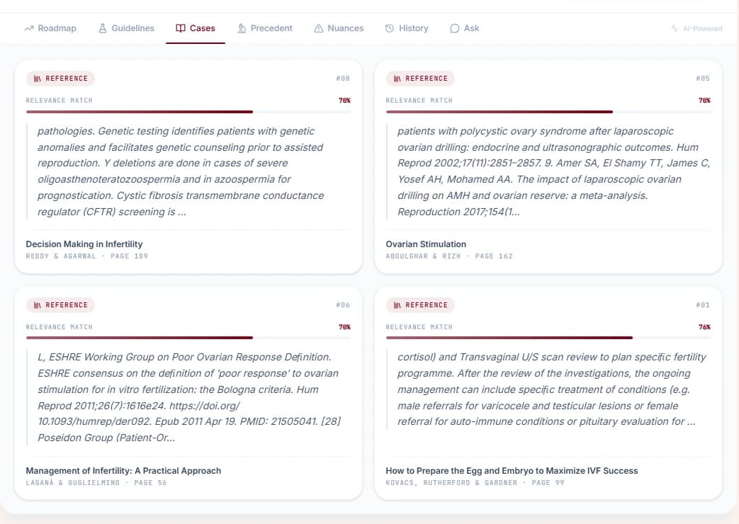 Four retrieved reference cards, each with a relevance match percentage, the quoted passage, and the book title and page number it came from