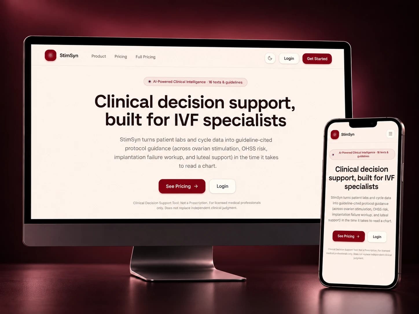 The StimSyn marketing site shown on a desktop monitor and a phone, headlined 'Clinical decision support, built for IVF specialists'